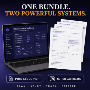 Promotional image of a laptop displaying a student dashboard beside stacks of printable study planner sheets with two download options: Printable PDF and Notion Dashboard.