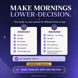 Infographic titled Make Mornings Lower-Decision showing two routines: Weekday and Weekend checklists with purple icons and check marks.