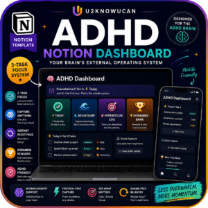 ADHD Notion Dashboard screenshot showing a visual, color-coded system for managing focus, tasks, and energy levels