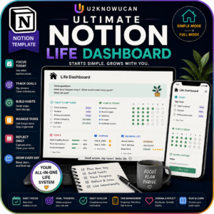 Notion Life Dashboard template screenshot showing an all-in-one digital planner for organizing tasks, goals, and habits in one place
