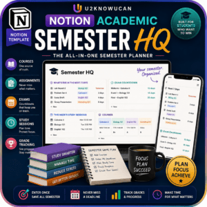 Semester HQ Notion dashboard screenshot for tracking college courses, assignments, and exam prep in one organized hub